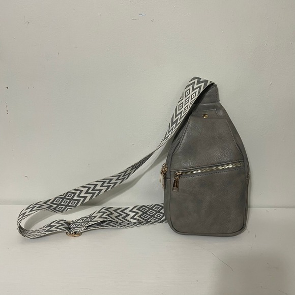 Handbags - Gray Faux Leather Sling Bag Geometric Strap Crossbody‎ Purse Pouch